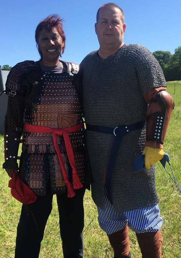 Two members of the SCA, posing together after a battle.